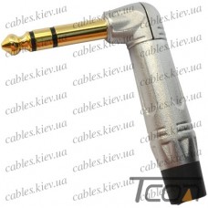 Штекер 6,3мм стерео угловой, silver-gold, металлический корпус, Tcom