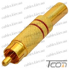 Штекер RCA gold, с пружиной, диам.-6,5мм, металл, красный, Tcom