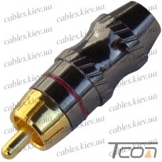 Штекер RCA "позолоченный", диам.-6,5мм, корпус металлический, красная полоса, Tcom