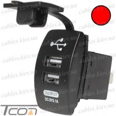 Гнездо USB двойное прямоугольное 5V 3,1А с красной подсветкой, врезное