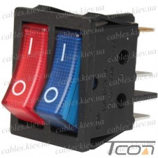Переключатель Daier KCD2-4-2101N, двойной, с подсветкой, ON-OFF, 6pin, 15A 250V, красный+синий