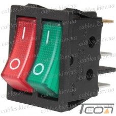 Переключатель Daier KCD2-4-2101N, двойной, с подсветкой, ON-OFF, 6pin, 15A 250V, красный+зелёный