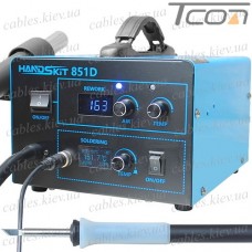 Паяльная станция 2в1 HandsKit 851D (паяльник T12 24V 72W+фен), OLed дисплей, 600W, 200-480°C, AC-220V