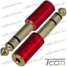 Переходник штекер 6,3 мм стерео - гнездо 3,5 мм стерео, gold, (красный/голубой), PowerCon