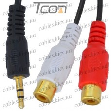 Переходник штекер 3,5стерео - 2 гнезда RCA, co шнуром 0,2м, чёрный, Tcom