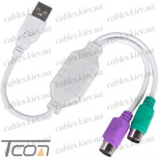 Переходник, штекер USB - 2 гнезда mini Din 6pin (мышка + клавиатура), с кабелем, Tcom