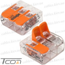Клемма WAGO 221-413 прозрачная с рычагами на 3 провода, 450В, 32A, 0.2-4 мм² (AWG 24-12)
