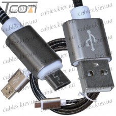 Шнур компьютерный штекер USB А - штекер miсro USB, металлическая изоляция, диам.-4,5мм, 1м, чёрный, Tcom