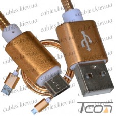 Шнур компьютерный штекер USB А - штекер miсro USB, металлическая изоляция, диам.-4,5мм, 1м, золотистый, Tcom