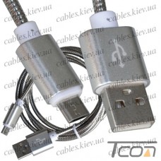Шнур компьютерный штекер USB А - штекер miсro USB, металлическая изоляция, диам.-4,5мм, 1м, серебрянный, Tcom
