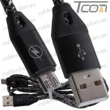 Шнур компьютерный штекер USB А - штекер micro USB, в сетке, 1м, чёрный, Tcom