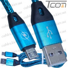 Шнур компьютерный штекер USB А - штекер micro USB, в сетке, 1м, синий, Tcom