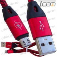 Шнур компьютерный штекер USB А - штекер micro USB, в сетке, 1м, красный, Tcom