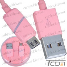 Шнур компьютерный штекер USB А - штекер micro USB, в колбе, 1м, розовый, Tcom