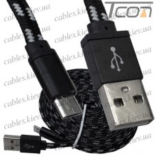 Шнур компьютерный штекер USB А - штекер miсro USB (Samsung), плоский, в сетке, диам.-2х5,6мм, 3м, чёрный, Tcom