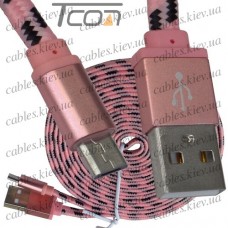 Шнур компьютерный штекер USB А - штекер miсro USB (Samsung), плоский, в сетке, диам.-2х5,6мм, 3м, розовый, Tcom