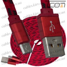 Шнур компьютерный штекер USB А - штекер miсro USB (Samsung), плоский, в сетке, диам.-2х5,6мм, 3м, красный, Tcom