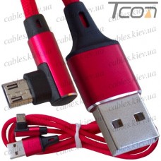 Шнур компьютерный штекер USB А - штекер micro USB угловой, в сетке, 1м, красный, Tcom