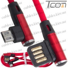 Шнур компьютерный штекер USB А угловой - штекер micro USB угловой, в сетке, 1м, красный, Tcom