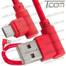 Шнур компьютерный штекер USB А угловой - штекер micro USB угловой, в сетке, 1м, красный, Tcom