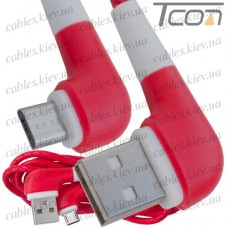 Шнур компьютерный штекер USB А угловой - штекер micro USB угловой, прорезиненный, 1м, красный, Tcom