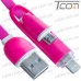 Фото, характеристики, описание Шнур 2 в 1, штекер USB А - штекер miсro USB + штекер iPhone 6, плоский, розовый, 1м, в блистере, Tcom