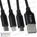 Купить Шнур 3 в 1, штекер USB А - штекер miсro USB + штекер iPhone + штекер USB type C, сетка, 1.2м, чёрный, Tcom по выгодной цене