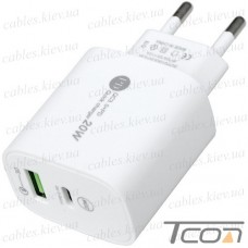 Сетевое зарядное устройство гнездо USB + гнездо USB type C, QuickCharge 3.0+ PD, 20W, 5V~3.5A, 9V~2A, 12V~1.5A, белое