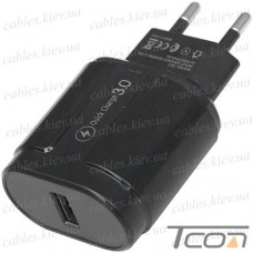 Сетевое зарядное устройство на 1 гнездо USB, QuickCharge 3.0, 5V~2A, чёрное