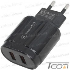 Сетевое зарядное устройство на 2 гнезда USB, QuickCharge 3.0, 5V~3.5A(max), чёрное