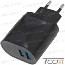 Сетевое зарядное устройство на 2 гнезда USB, 5V~2А, чёрное