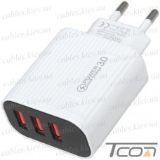 Сетевое зарядное устройство на 3 гнезда USB + LCD, QuickCharge 3.0, 5V~3А, белое
