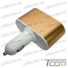 Автомобильная зарядка 2-а гнезда прикуривателя+ 2-а гнезда USB 2.1А, золотистая, Tcom