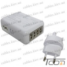 Сетевая зарядка на 4 гнезда USВ, (AC 220V/ DC 5V 2.1A), белая, Tcom