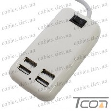Сетевая зарядка на 4 гнезда USВ, (AC 220V/ DC 5V 3A), c кабелем 1.5м, белая, Tcom