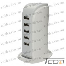 Сетевая зарядка на 5 гнезд USВ, (AC 220V/ DC 5V 4A), на подставке, c кабелем 1м, Tcom