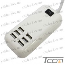 Сетевая зарядка на 6 гнезд USВ, (AC 220V/ DC 5V 3A, 20W), c кабелем 1.5м, белая, Tcom